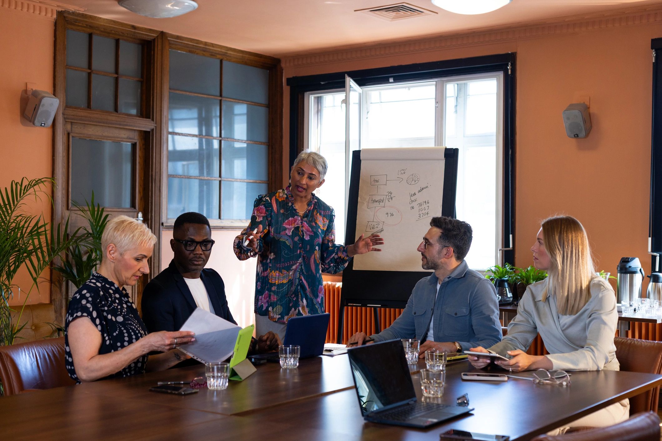 Professional leading a collaborative team meeting in a modern office