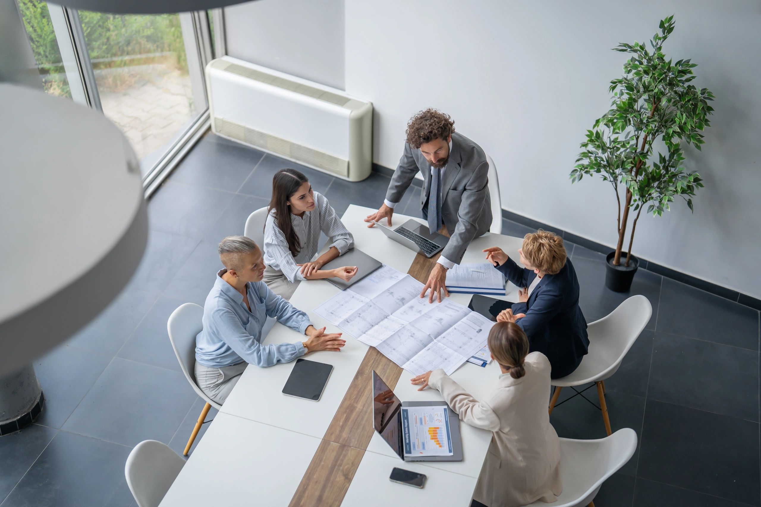 Business team collaborating in a modern office meeting